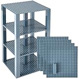 Premium Charcoal Gray Stackable Base Plates - 4 Pack 15cm X 15cm Baseplate Bundle with 30 2x2 Stackers, Compatible with LEGO Blocks, Compatible with LEGO Base Plates - Tower Construction