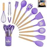 Kitchen Utensil Set, 12 PCS Silicone Cooking Utensils Set with Wooden Handle, Heat Resistant, Nonstick Cookware Tongs Spatula Spoon Set, Silicone Kitchen Utensils Set Suitable for Kitchen(Purple)