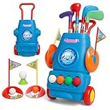 Toyana 13 PCs Kids Golf Set with Portable Trolley Bag Caddy Cart, 4 Sturdy Plastic Golf Clubs 4 Balls 2 Holes, Golf Training Playset, Outdoor Garden Sports Activity Game Toy for Children Age 3+ Years