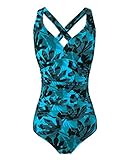 F FLYRONG FLYRONG Swimming Consume for Women V Neck One Piece Tummy Control Swimsuits for Women Swimwear, Large, Print- Palm Leaf