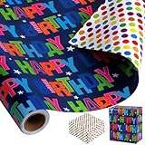woric 11m x 43cm Birthday Wrapping Paper Roll, Double Sided Colorful Wrapping Paper for Kids Boys Adults Gift Wrap Birthday Baby Shower Party Christmas DIY Carft