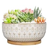 Fivepot 20.5CM Ceramic Succulent Planter Pots with Drainage Hole for Indoor Plants Round Shallow Bonsai Flower Pot with Bamboo Tray White