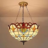Chandelier Pendant Lights Fixture Tiffany Style Inverted Ceiling, Victorian Hanging Lamp Ceiling Light Fixture for Living Room Dining Room, Stained Glass Shade
