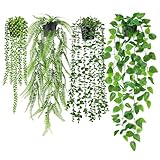Der Rose 4 Pack Fake Plants Artificial Plants Indoor Hanging with Pots Artificial Ivy Vine Faux Eucalyptus Hanging Plants, Boston Fern, String of Pearls for Home Room Wall Shelf Indoor Outdoor Decor