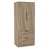 URBNLIVING 2 Door 2 Drawer Minimalist Bedroom Oak Wardrobe Storage & Hanging Rail Modern Furniture with Clothes Shelf for Home Organiser Unit 179cm H x 74cm W x 50cm D