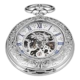 Tiong Simple Silver Mechanical Pocket Watch, Men's Roman Numerals Mechanical Pocket Watch with Chain