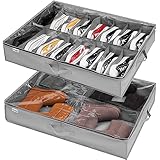 Under Bed Shoe Storage Box Set of 2, Fits 16+4 Pairs Boots Total, Underbed Shoe Storage Organiser with Reinforced Handles, Clear Foldable Shoes Containers Adjustable Dividers with Bottom Support