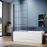 Pivot Over Bath Shower Screen 800mm Black Framed Square Grid Safety Clear Glass Panel Bathroom Bath Screens