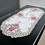 Sobeta Embroidered Table Cover,White Oval Lace Tablecloth Doily Embroidered Floral Table Runner Table Cover Home Decor 16" x 33"