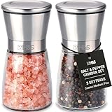H&S Salt and Pepper Grinder Set - Manual Mill Grinders for Kitchen - Glass and Stainless Steel Spice Mills with Adjustable Coarseness - Easy to Use and Fill - Large Capacity
