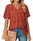 Anyally Women's Summer Dressy Chiffon Blouses V Neck Ruffle Short Sleeve Tunic Tops for Leggings Casual T-Shirts, M Polka Dots Red