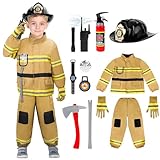 deAO Fireman Costume, Fireman Outfit for 3 4 5 6 7 8 Year Old, Boys Girls Fireman Outfit for 90cm~110cm, Fireman Set for Kids with Dress Up Set with Gloves, Helmet, Hose and Toolbox (BROWN, 100~110CM)