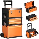 HOMCOM 3-in-1 Rolling Tool Box, Stackable, Modular Powder Coated Steel Toolbox with Tray, Handles, Latches, Wheels, Heavy Duty Tool Storage System for Workshop, Garage, 520mm x 320mm x 720mm, Orange