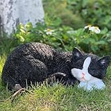 DHOBY GHAUT Sleeping Cat Statue Garden Decor, Outdoor Cat Sculpture & Figurine Lawn Ornament, Black & White Tabby Statue for Patio, Lawn, Yard Decorative, Cute Kitten Memorial Grave Accessory
