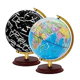 Exerz Illuminated World Globe 20cm Diameter Wooden Base - Political Map in English (Day) - Constellation Stars (Night)