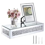BTSKY Decorative Glass Mirrored with Crushed Diamonds Floating Shelf - Wall Mounted Tabletop Display Holder Rack Stand Shelf, Silver