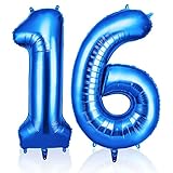 OFFCUP Blue Number 16 Balloons, 40 Inch Large Foil Number 1 & 6 Balloons, Self Inflating 16th Birthday Balloon for 16 Year Old Men Women Anniversary Birthday Party Decorations Supplies