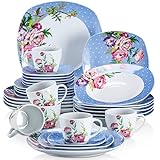 VEWEET 'Hannah' 30-Piece Dinner Set Blue White Dots Pink Flower Porcelain Pattern Combination Set with Dessert Plates Soup Plates Dinner Plates Cups Saucers Service for 6