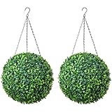 CHRISTOW Pair of Artificial Boxwood Topiary Balls, 28cm Faux Leaf Pant Hanging Ornaments, Decorative Outdoor Garden Topiaries, Lush Lifelike Foliage, UV Fade Protected, Pre-Attached Chain with Hook