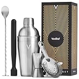 VonShef Cocktail Shaker Set, Silver 5pc Set with 550ml Manhattan Cocktail Shaker, Professional Bartender Set for Home Bar, Including Strainer, Muddler & Other Bar Accessories, Gift Box Included