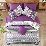 WONGS BEDDING Bohemian King Size Duvet Cover Set Purple Grey Colorful Boho Striped Bedding Set with 2 Pillowcases Soft Microfiber Moroccan Quilt Cover 220x230cm