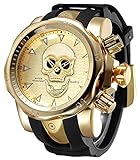 HUNRUY Skull Watches for Men 3D Skeleton Unidirectional Bezel 30M Waterproof Quartz Wristwatches, Big Face Gold, Fashion