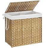 SONGMICS Laundry Basket, 160 L Synthetic Rattan Storage Basket with Lid and Handles, Wicker, Foldable, Removable Liners, for Blankets, Clothes, Living Room, Laundry Room, Natural Colour LCB216Y01