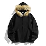 Zip Hoodie Faux Fur Hood Trim Loose Fit Pockets Comfortable Warm Relaxed Leisure Sweatshirt Outdoor Sportswear Comfort Fashion Basic Clothes Tops Jacket (Black, L)