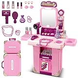 deAO Kids Dressing Table, Pink Dressing Table with Suitcases, Make Up Desk Girl Toy for 3 4 5 6 7 8 Year Old Girls Hair Salon Pretend Play Princess Dress Up Playset Gift Toddler