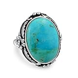 South Western Native American Style Leaf Large Oval Gemstone Boho Turquoise Statement Ring Western Jewelry For Women .925 Sterling Silver