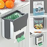 Gintan 2.4 Gallons Foldable Kitchen Door Bin，Hanging Trash Bin with Lid, Compost bins for Kitchen/Camping/RV/Car/Bathroom/Office/Bedroom (Grey)