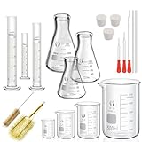 JESSTOLO Glass Erlenmeyer Flask Set(150 ml/100 ml/50 ml), with 4pcs Graduated Beaker, 3pcs Measuring Cylinder with 3pcs Dropper, 2pcs Stirring Rod and 2pcs Washing Brush for Lab, Science Studies