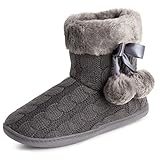 Polar Womens Memory Foam Pom Pom Winter Faux Fur Luxury Plush Cosy Anti Slip Indoor Outdoor Slippers - Grey Knitetd - UK7/EU40 - YC0715