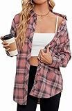LACOZY Women's Button Down Flannel Shirts Plaid Shacket Long Sleeve Collared Business Casual Tops Work Blouses Pink M
