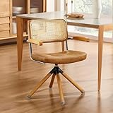 Zouron Rattan Desk Chair, Mid Century Modern Swivel Chair No Wheels, Faux Leather Upholstered Office Chair with Wood Legs, Accent Armchair for Home Office Living Room Bedroom, Brown