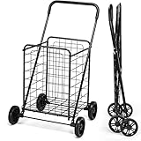 TANGZON Folding Shopping Cart on Wheels, 83L Capacity Metal Grocery Cart with Non-Slip Handle, Lightweight Portable Utility Push/Pull Trolley for Mobility Shopping Groceries Laundry (Black)