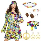 Okabay 70s Fancy Dress Women，60s 70s Fancy Dress Women 1960s 1970s Hippie Hippy Fancy Dress Up Costume for Women 70s Outfits 70 Style Ladies Fancys Dress Adult Halloween Costumes (02, XXL)