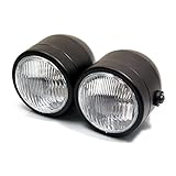 Alchemy Parts Retro Streetfighter Motorcycle Headlights | Motorbike Double Headlight Twin Dual Bulb 35W | Custom Dominator Warrior Bandit Trike (Black no Grill)