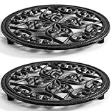Coloch 2 Pack Cast Iron Trivet, 7.1 Inch Round Metal Trivet with Vintage Patterns Rustproof Hot Pot Holder Pads with Rubber Pegs for Serving Hot Dishes, Pans, Tea Pots, for Kitchen, Black