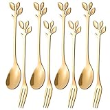 dessert Spoon Fork set,AnSaw 8 Pcs 4.7" Cake fork,Coffee Spoon,Creative Gold Leaf fruit fork, Premium Food Grade Stainless Steel,Mirror Finish & Dishwasher Safe(Gold, 4 Spoon + 4 Fork)