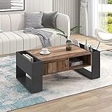 Merax Wood Grain Coffee Table with a Handleless Drawer, 2 Storage Compartments and 2 Side Storage Spaces, Multi-functional Coffee Table with Storage, Modern Coffee Tables for Living Room, Rustic Brown