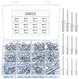 280 Pcs Pop Rivets Assortment, Aluminum Blind Rivets Set, Flange Blind Rivets with Shaft Mandrel, Open End Rivets, Flange Rivets for Metal Wood Plastic - M3/M4/M5 Pop Rivets Fasteners