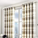 Fusion - Balmoral Check - 100 Percent Cotton Pair of Eyelet Curtains - Natural, Curtains: 66" Width x 72" Drop (168 x 183 cm), Nautral