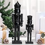 2 Pcs Traditional Black Wooden Nutcracker Ornaments - 15'' & 10'' Nutcracker Figures for Christmas Decor, Table & Fireplace