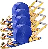9m X 50mm Double J Hook Ratchet Straps (11,000 lbs Break Strength), Heavy Duty Tie Down Straps for Trucks, Motorcycle, Cargo, Composed of Metal Tensioner and Polyester Strap (Blue, 4PCS)
