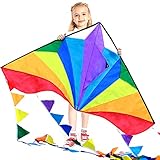 Large Delta Kites 54x31" For Kids and Adults For Beach Trip Outdoor games,Perfect for Beginners,String Line Included Toys Easy To Fly Kites with Colorful Colors Tail