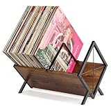 PUERSI Vinyl Record Storage Rack, 80 LP Record Storage Holder, 1 Tier Vinyl Display Shelf with Adjustable Divider, Organizer for Albums, Magazine, Book, Files - Brown