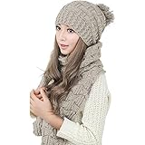 Women Winter Hat Scarf Set for Lady Girl Warm Beige Knitted Thicken Beanie Cap 1 Set -beige