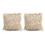 Dricar 2Pcs Fluffy Pillow Case Mongolian Faux Fur Pillow Cover Super Soft Plush Throw Pillows Cushions Decorative Cushion Covers 18 x 18in (Brown)