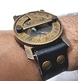 Maritime Steampunk Sundial Brass Compass Wrist Watch Antique Navigation Leather Bracelet, Black